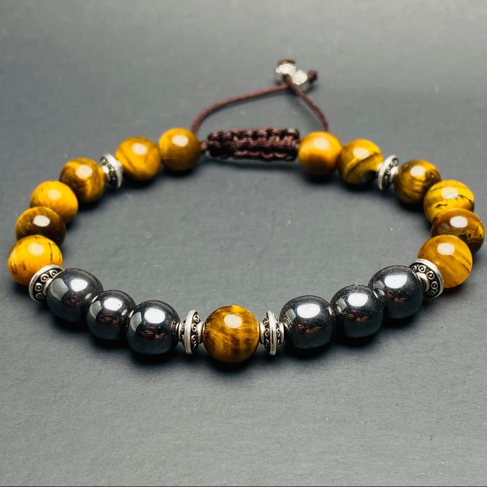 Mens Tiger Eye & Hematite Beaded Cord Bracelet